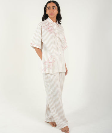 Coastal Vibes – Red Striped Night Suit with Lobster Embroidery