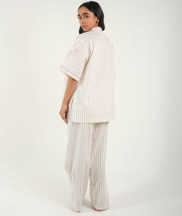 Coastal Vibes – Red Striped Night Suit with Lobster Embroidery