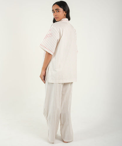 Coastal Vibes - Red Striped Night Suit With Lobster Embroidery