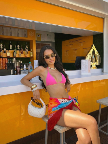 Mini fringe sarong tied at waist in Pina Colada print – women’s resortwear