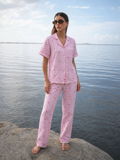 Pink Stripe Heart Cotton Nightsuit