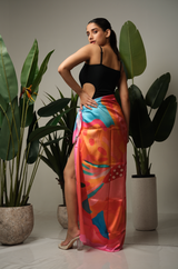 Pina Colada printed sarong styled indoors with resortwear look – women’s resortwear