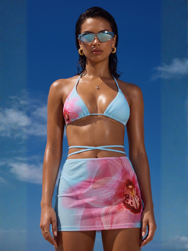 Baby Blue Triangle Bikini Set with Wrap Skirt