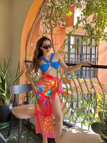 Pina Colada printed sarong full-length view on model – women’s resortwear