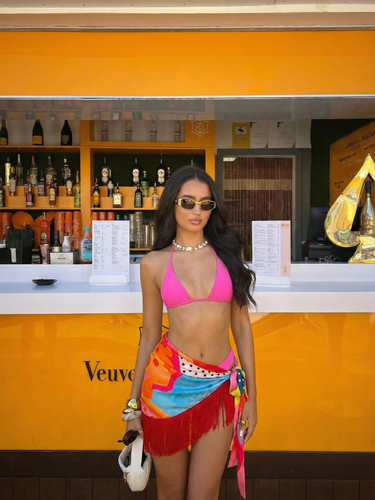 Pina Colada mini fringe sarong in vibrant tropical print – women’s resortwear