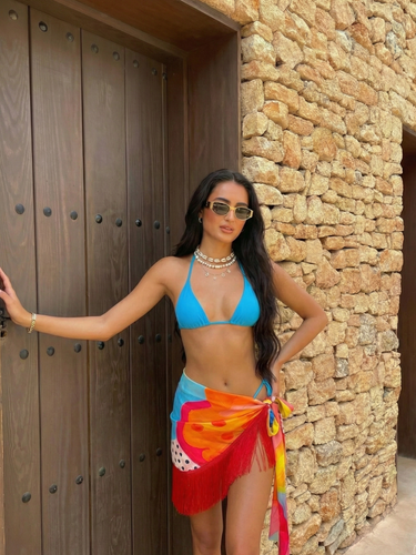Pina Colada mini fringe sarong front view on model – women’s resortwear