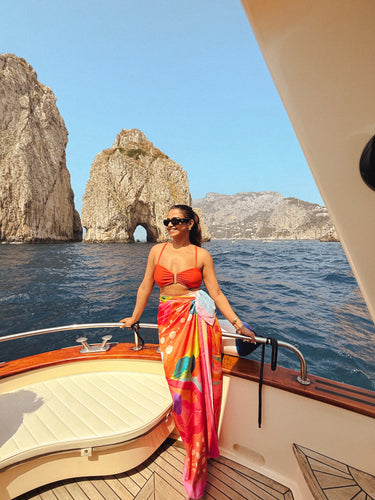 Printed sarong wrapped at waist in tropical Pina Colada print – women’s resortwear