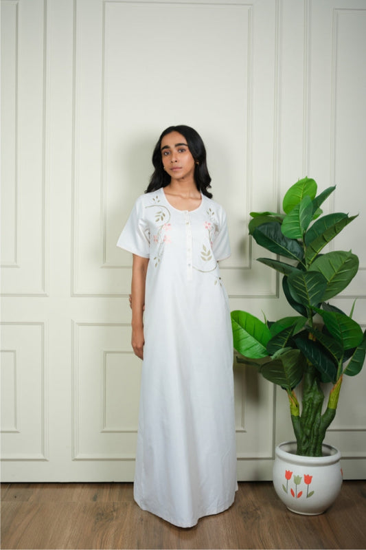 Ivory Bloom - Embroidered Cotton Nighty