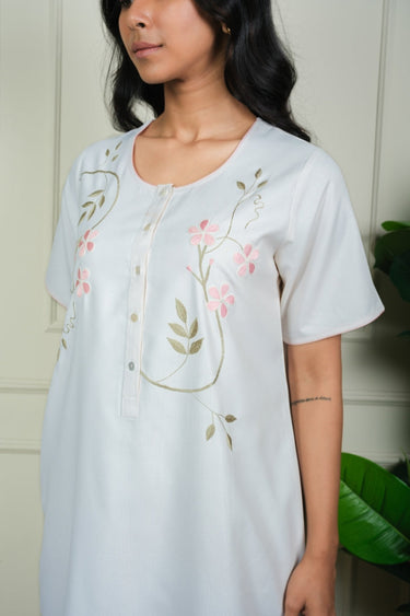Ivory Bloom  – Embroidered Cotton Nighty