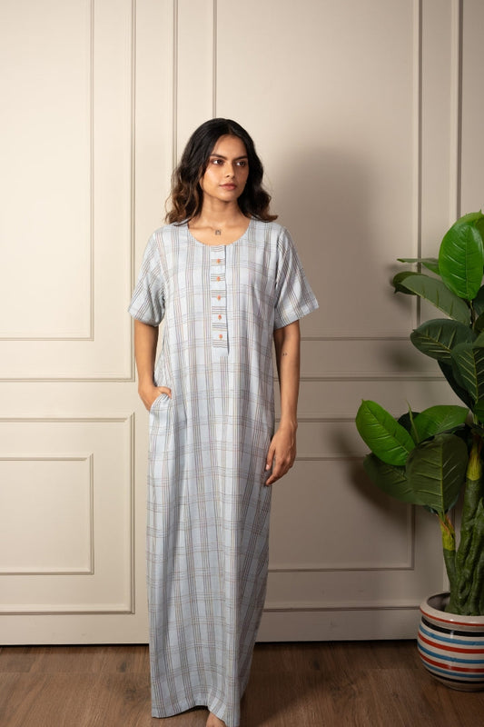 Morning Mist - Cotton Nighty Hand Embroidered Button Detail