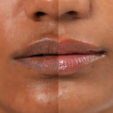 Close-up of lips with a split showing two different lipstick shades on a brown skin background.