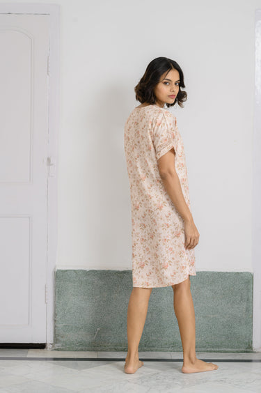 Floral Beige – Satin Shirt-Style Short Nighty