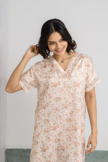 Floral Beige – Satin Shirt-Style Short Nighty