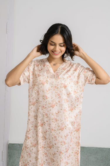 Floral Beige – Satin Shirt-Style Short Nighty