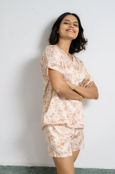 Beige Bloom Satin Lounge Set