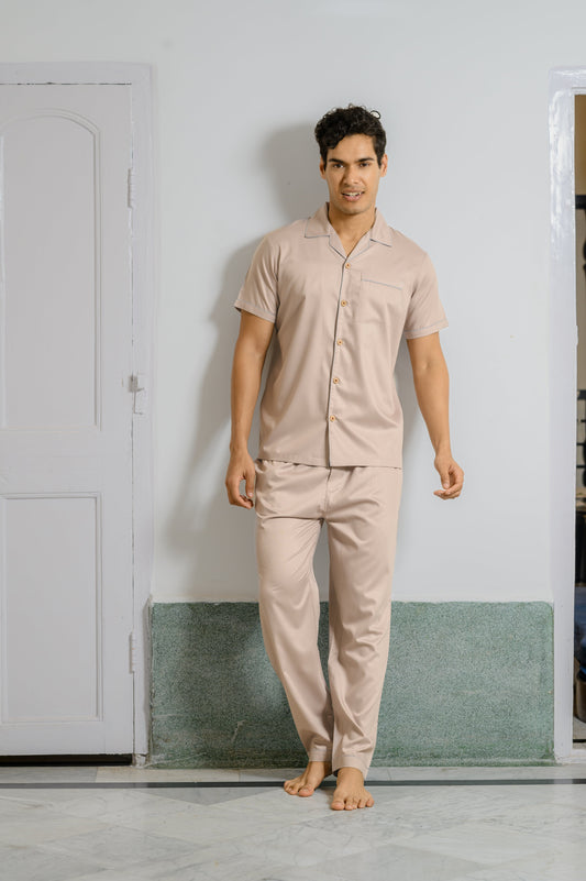 Dapper Comfort: Men's Classic Cotton Pajama Set in Rose Pink