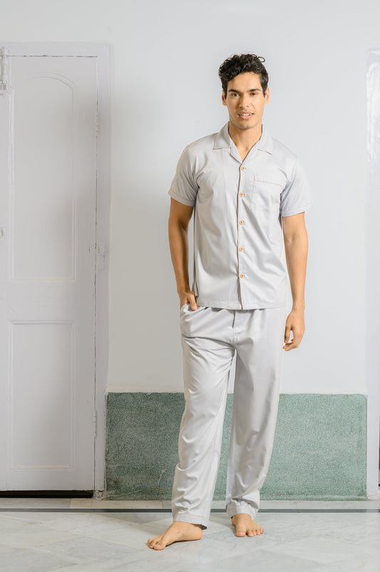 Dapper Comfort: Men's Classic Cotton Pajama Set in Grey