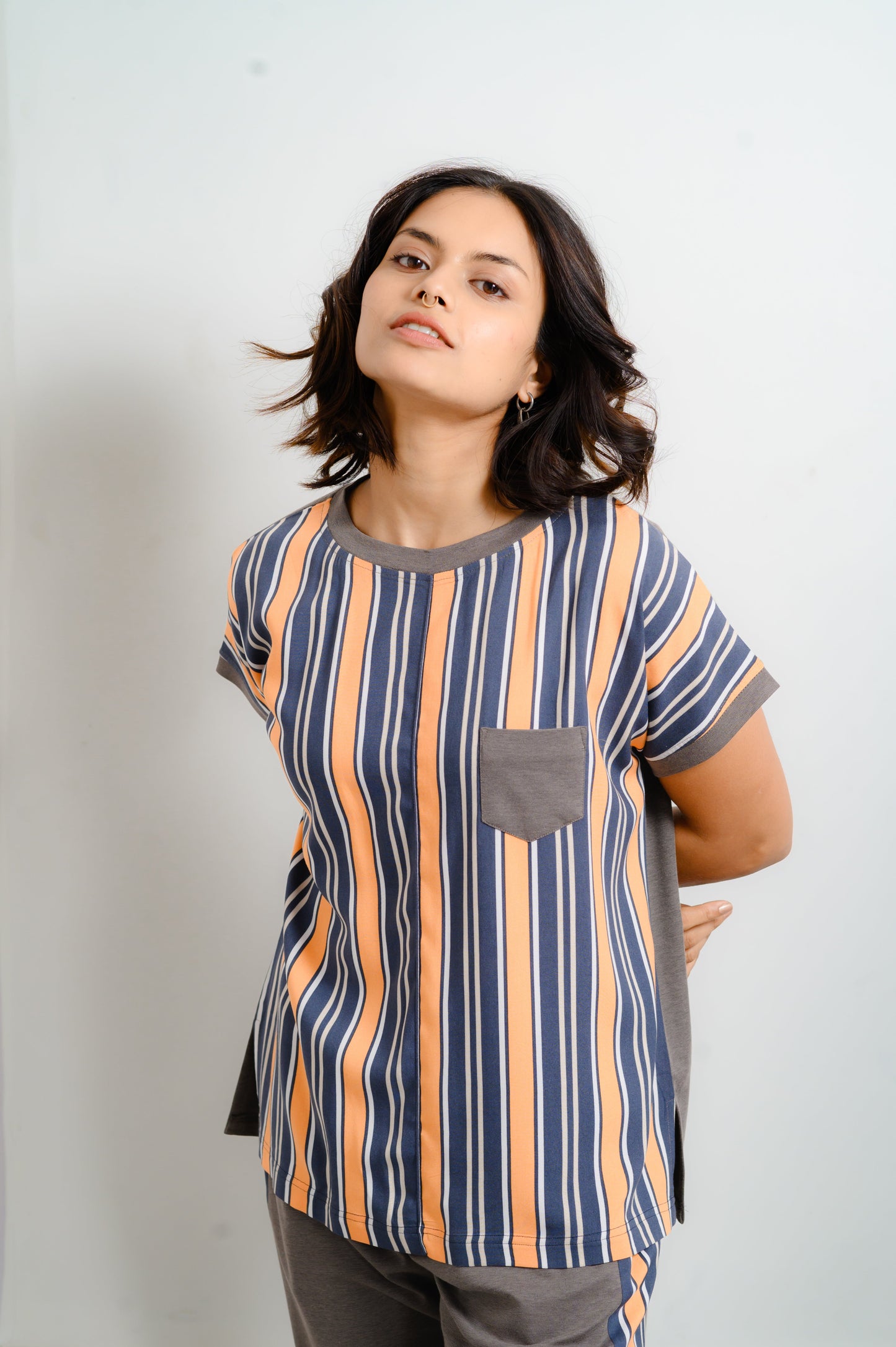 Striped Rayon Pajama Set With Hoisery Fabric