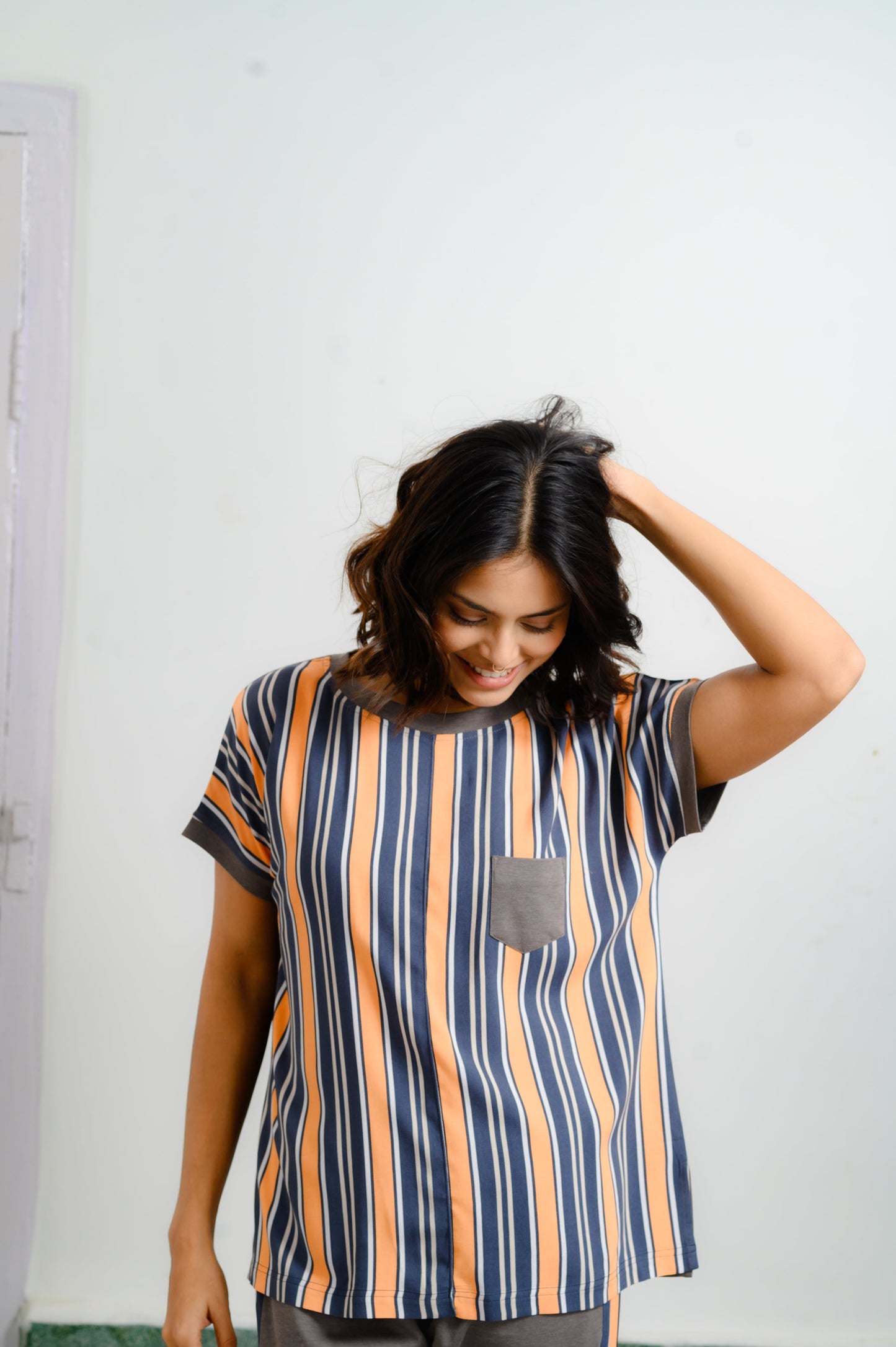 Striped Rayon Pajama Set with Ganji Fabric