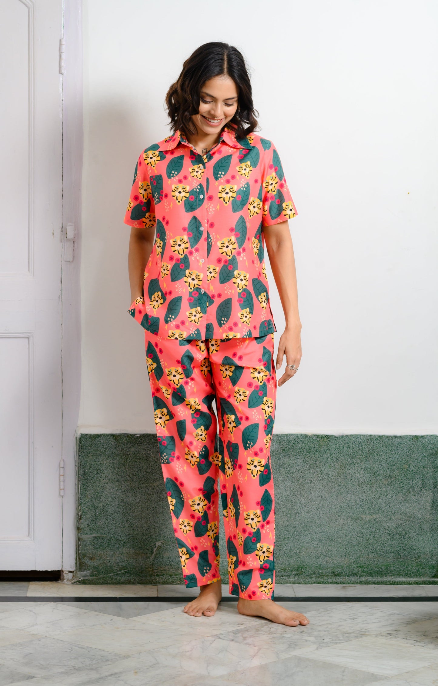 Roar in Style: Quirky Tiger Print Pajama Set in Salmon Pink