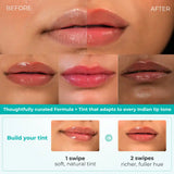 Before and after comparison of lip product application on a person's lips with text about product formula and tint adaptation.