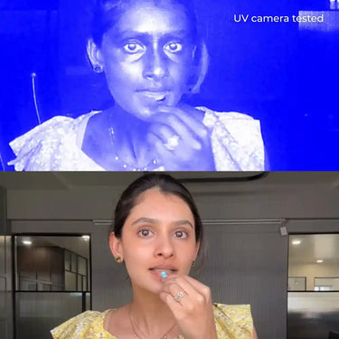 Comparison of a person under UV light with a regular photo.