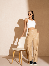 Shop-Leather Straight Fit Trousers Beige