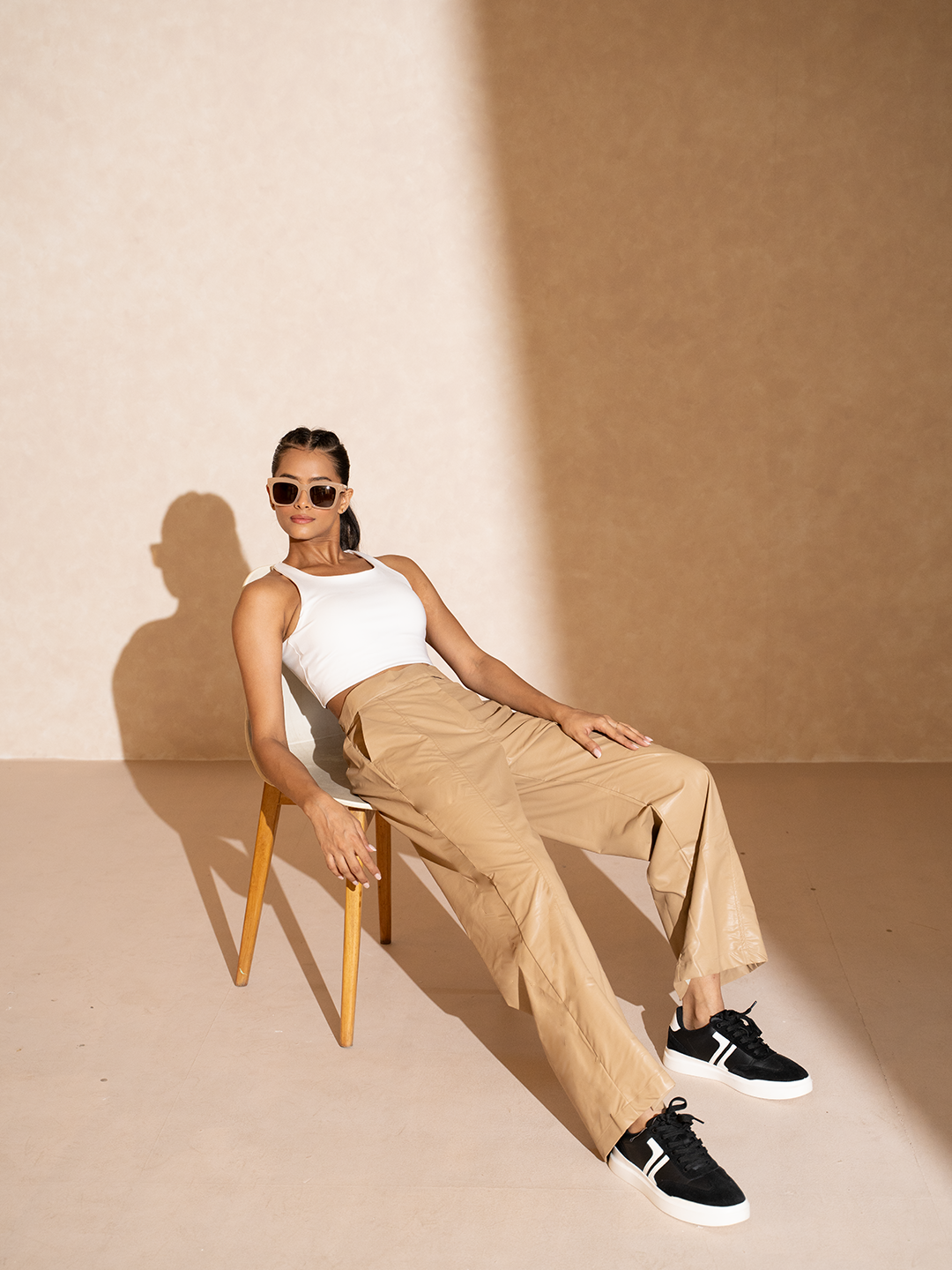 Leather Straight Fit Trousers Beige