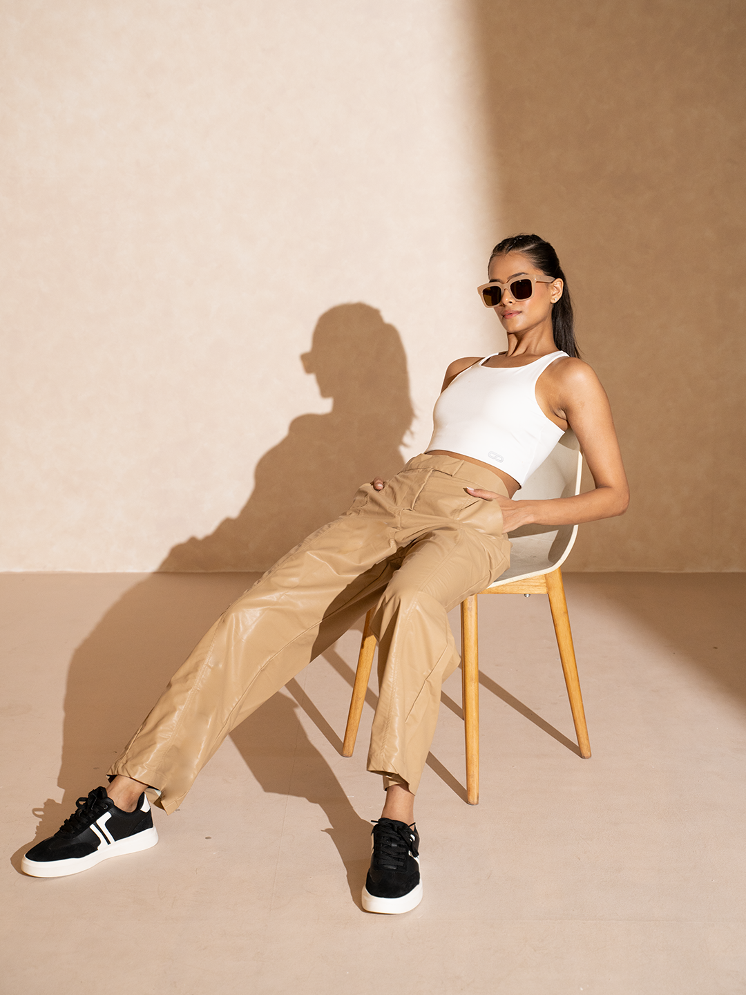 Leather Straight Fit Trousers Beige