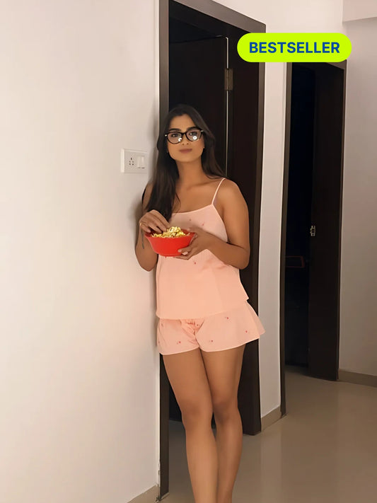 Peach Petals - Hand Embroidered Shorts Set