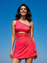 Sangria one shoulder swimdress front view on model – women’s swimwear