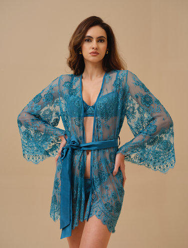 Primrose Teal Hand Embellished Lace Robe