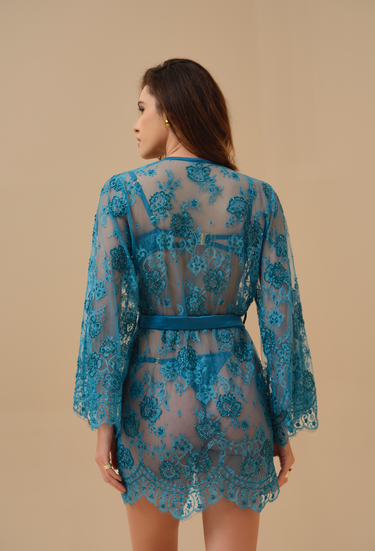 Primrose Teal Hand Embellished Lace Robe