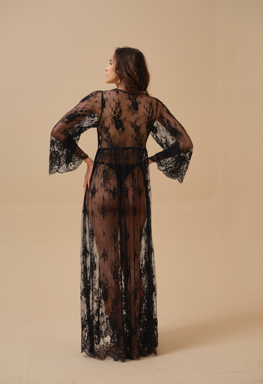 Ivy Black Hand Embellished Lace Robe
