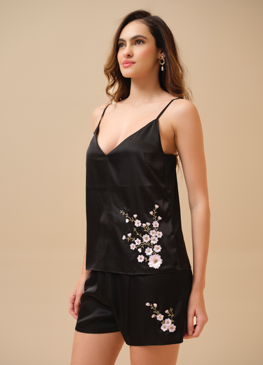 Sakura Black Hand Embellished Cami Top & Shorts set