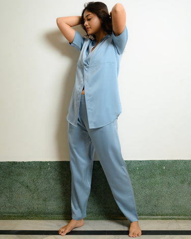 Satin Sky – Powder Blue Satin Pajama Set