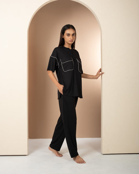 Classic Noir - Black Cotton Night Suit with White Piping