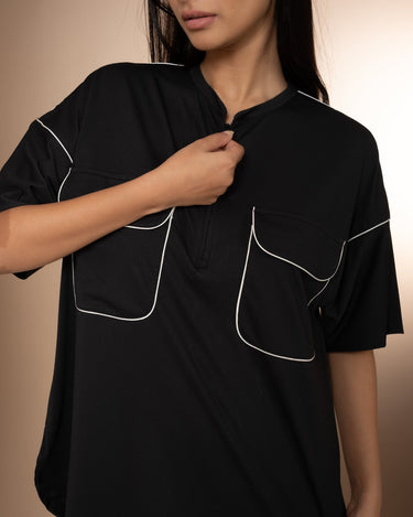 Classic Noir – Black Night Suit with White Piping