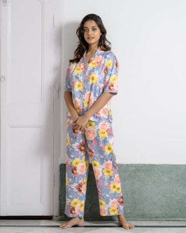 Bloom & Dream – Satin Pajama Set with Floral Print