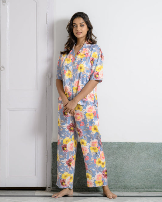 Bloom & Dream- Satin Pajama Set with Floral Print