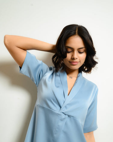 Cloud Calm – Powder Blue Satin Shorts Set