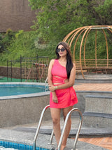 Red-pink floral swimdress with attached skirt detail – women’s swimwear