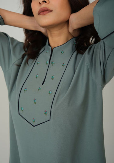 Sage Bloom – Embroidered Yoke Nighty