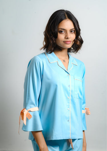 Sky Blue Satin Bow-Tie Shorts Set