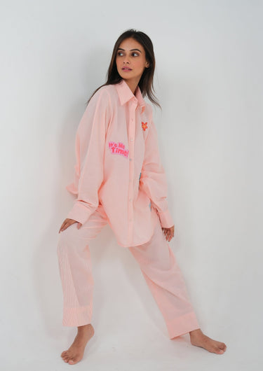 Peachy-Embroidered Patch Night Suit