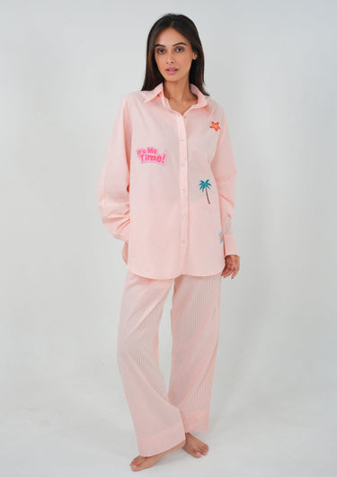 Peachy-Embroidered Patch Night Suit