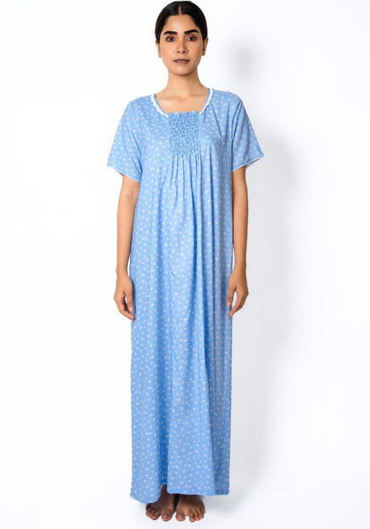 Blue Blossom - Cotton Nighty with Lace Neckline
