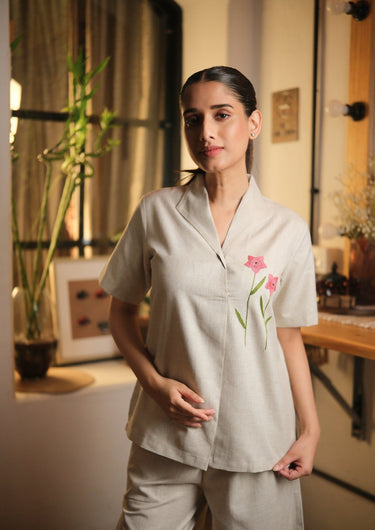 Beige Night-Suit with Hand-Embroidered Floral Detail