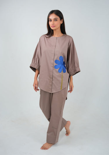 Taupe Embroidered Co-ord Set with Blue Floral Accent
