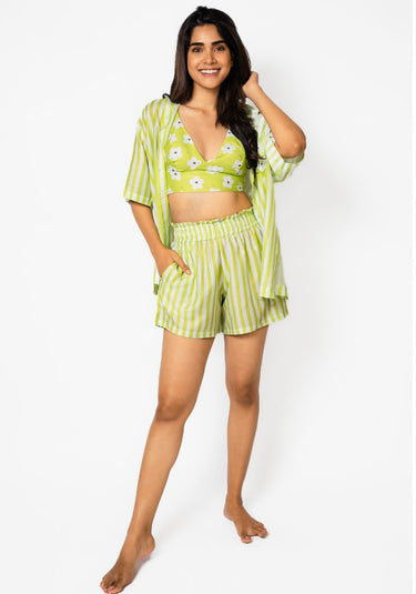 Green Striped Muslin – 3-Piece Beachwear Set